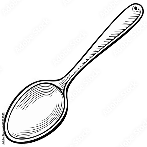 Vintage spoon illustration in a classic black and white hand drawn engraving style