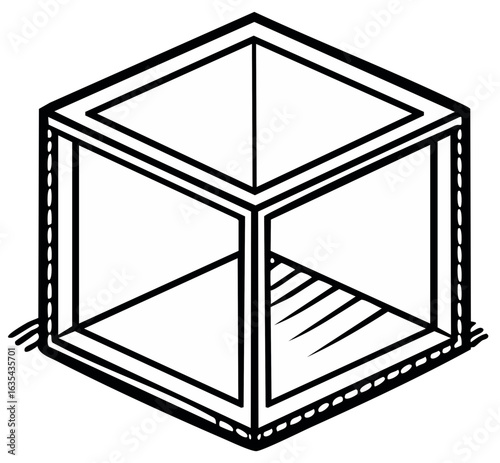 Bold line art drawing of an empty isometric cube or box frame