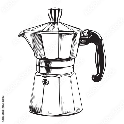 Black and white illustration of a moka pot coffee maker stovetop espresso maker Italian coffee maker 
