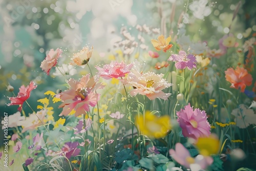 A painterly style image of a vibrant flower garden with pink yellow and white blossoms in soft light