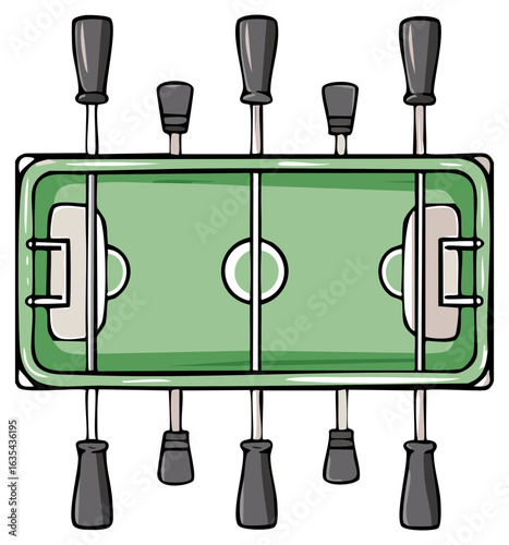 Hand drawn cartoon illustration of a foosball table from a top down aerial view