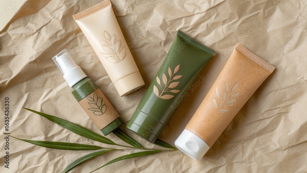 Fototapeta premium Natural skincare products on eco-friendly packaging with botanical designs.