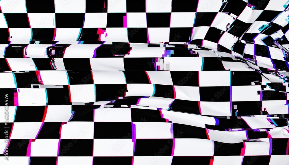 Fototapeta premium Dynamic digital glitch effect distorts classic checkerboard pattern with vibrant chromatic aberration
