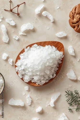 Coarse Sea Salt Crystals in Wooden Spoon on Gray Background