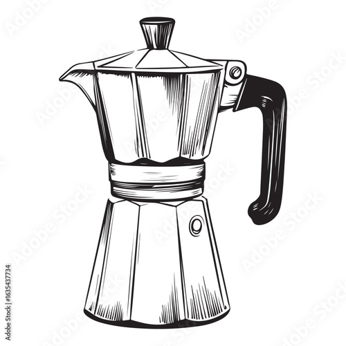 Black and white illustration of a moka pot coffee maker stovetop espresso maker Italian coffee maker 
