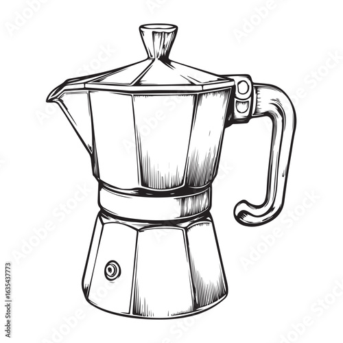 Black and white illustration of a moka pot coffee maker stovetop espresso maker Italian coffee maker 
