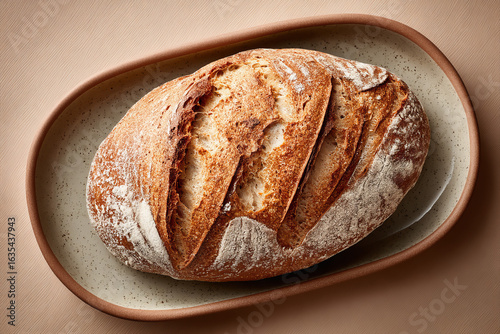 
Photograph of a loaf of sourdough bread on an oval plate, top view. On a white background with soft shadows and texture, in the style of minimalist still life photography.
