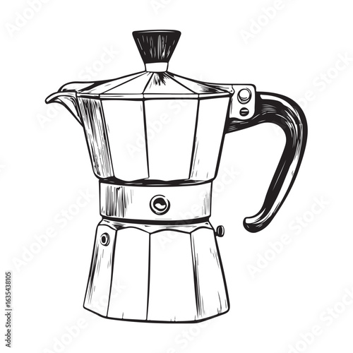 Black and white illustration of a moka pot coffee maker stovetop espresso maker Italian coffee maker 
