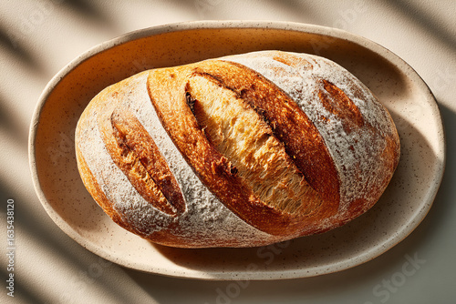 
Photograph of a loaf of sourdough bread on an oval plate, top view. On a white background with soft shadows and texture, in the style of minimalist still life photography.