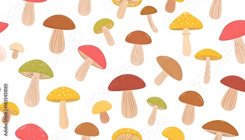 Seamless pattern of colorful cartoon mushrooms on a white background for decoration