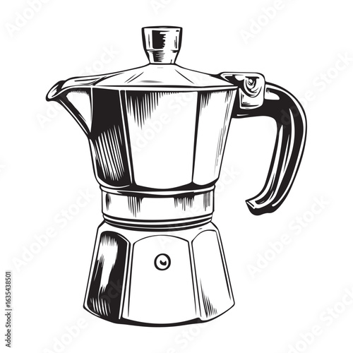 Black and white illustration of a moka pot coffee maker stovetop espresso maker Italian coffee maker 
