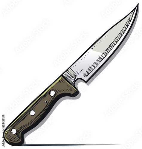 Illustrated kitchen utility knife with a pointed blade and brown handle