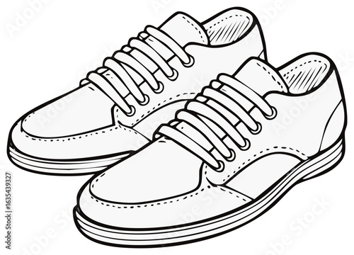 White Canvas Shoes Line Art Black and White Footwear Illustration Two Sneakers with Laces Pair of Low Tops Fashionable