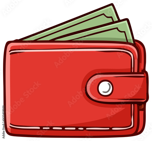 Red wallet with folded banknotes protruding from an open flap secured with a button