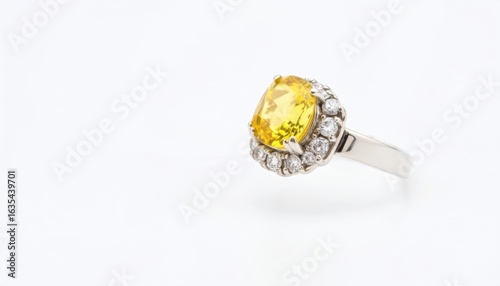 Close-up of a luxurious yellow gemstone ring adorned with sparkling diamonds, set against a clean white backdrop.