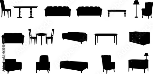 Set of home furniture silhouettes. Interior design icons for living room, bedroom. Armchairs, sofas, tables, chairs, chest of drawers, bed. Vector illustrations isolated