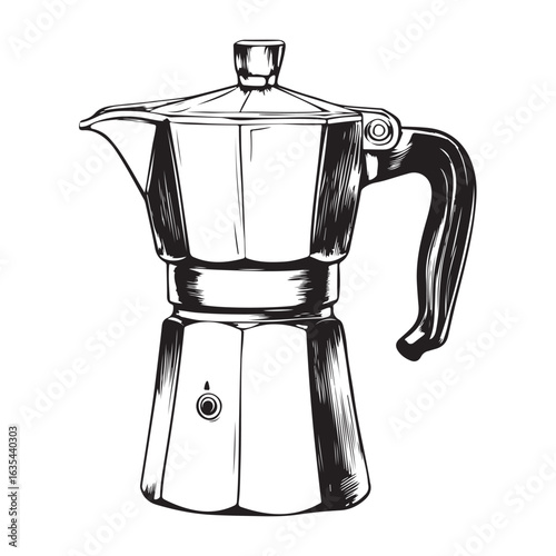 Black and white illustration of a moka pot coffee maker stovetop espresso maker Italian coffee maker 
