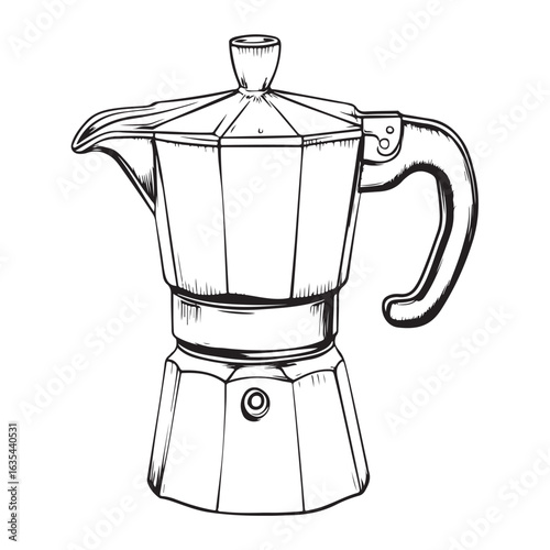 Black and white illustration of a moka pot coffee maker stovetop espresso maker Italian coffee maker 
