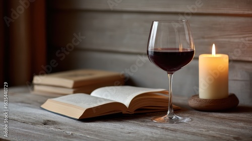 Wine and Book on Wooden Table