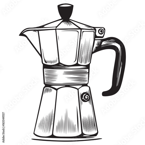 Black and white illustration of a moka pot coffee maker stovetop espresso maker Italian coffee maker 
