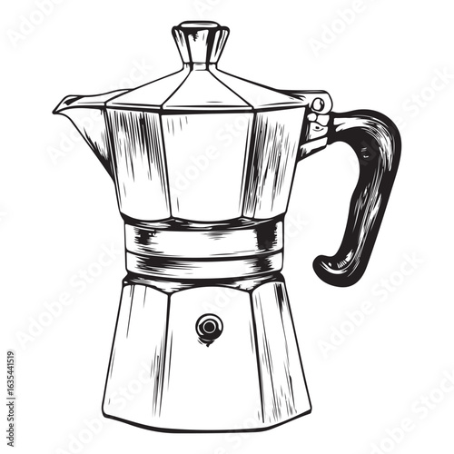 Black and white illustration of a moka pot coffee maker stovetop espresso maker Italian coffee maker 
