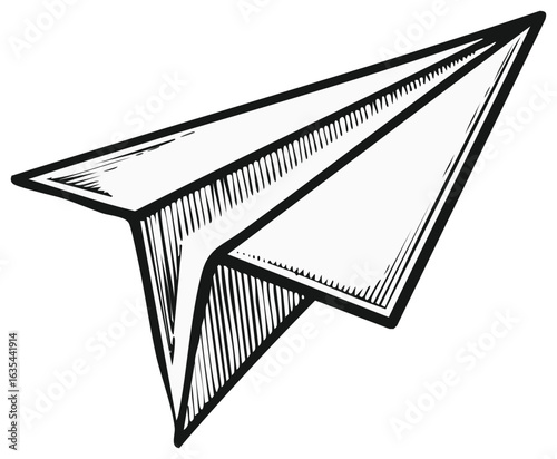 Hand Drawn Paper Airplane Sketch with Engraving Style, Symbolizing Flight and Communication