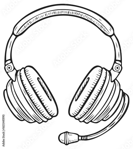Hand drawn black and white illustration of a retro headset with a microphone for gaming or support.