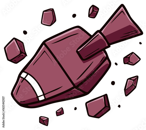 Cartoon illustration of spaceship and space rocks, isolated on white background.