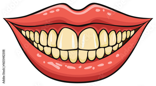 Unhealthy cartoon smile with yellow stained teeth and red lips