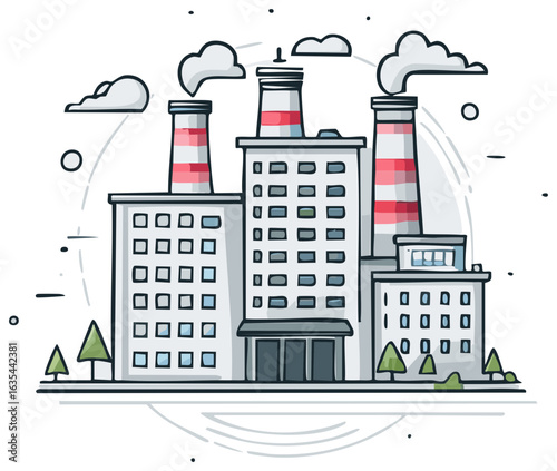 Flat design illustration of an industrial factory with tall smoking chimneys representing manufacturing and pollution