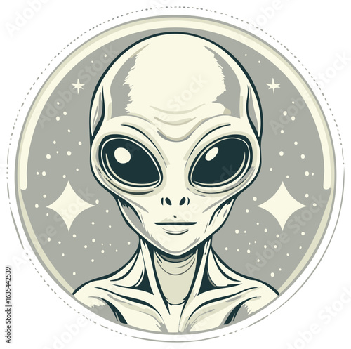 Stylized Alien Face in Round Frame with Stars and Dots