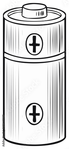 Black and White Hand-Drawn Illustration of a Cylindrical Battery with Plus Sign Symbolizing Power and Energy