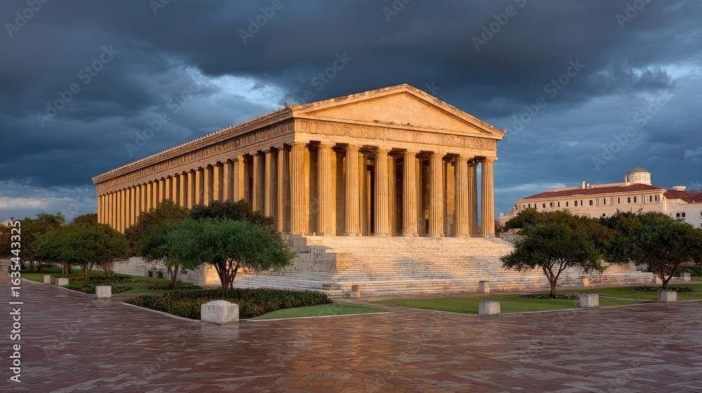 Fototapeta premium Ancient temple bathed in golden light, dramatic clouds overhead