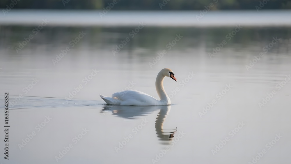 Fototapeta premium A solitary white swan gracefully glides across a calm lake, reflecting in the water.