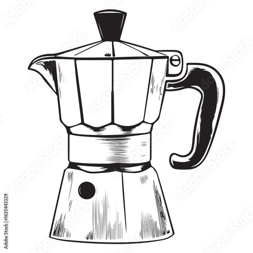 Black and white illustration of a moka pot coffee maker stovetop espresso maker Italian coffee maker 
