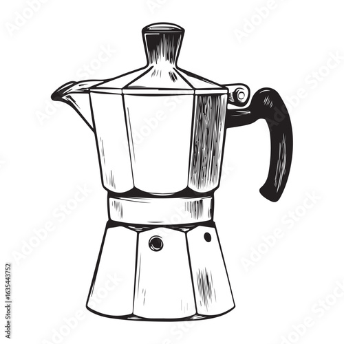 Black and white illustration of a moka pot coffee maker stovetop espresso maker Italian coffee maker 
