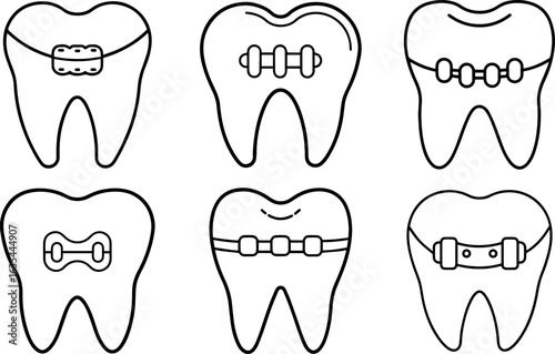 Set of Tooth with braces black outline vector and illustration, coloring book page