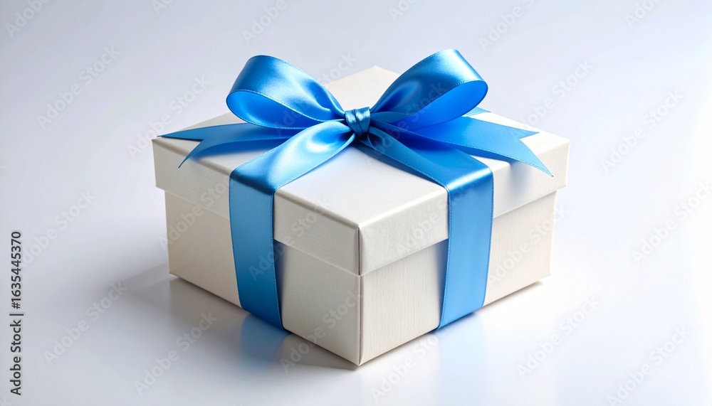 Obraz premium A simple yet elegant white gift box adorned with a vibrant blue satin ribbon and bow, isolated on a light background for any celebration.