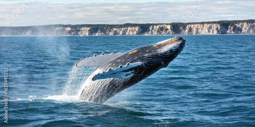 A majestic humpback whale leaping from the water, with a scenic coastline in the distance