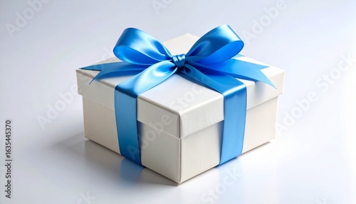 A simple yet elegant white gift box adorned with a vibrant blue satin ribbon and bow, isolated on a light background for any celebration.