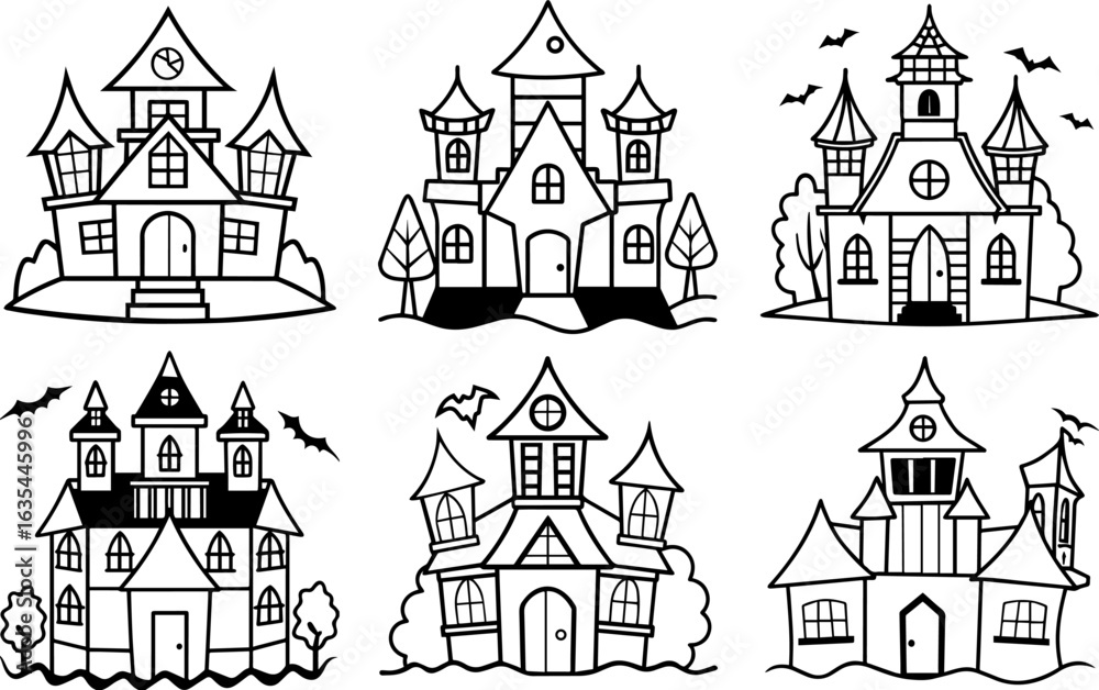 Fototapeta premium Set of haunted house black outline vector and illustration, coloring book page