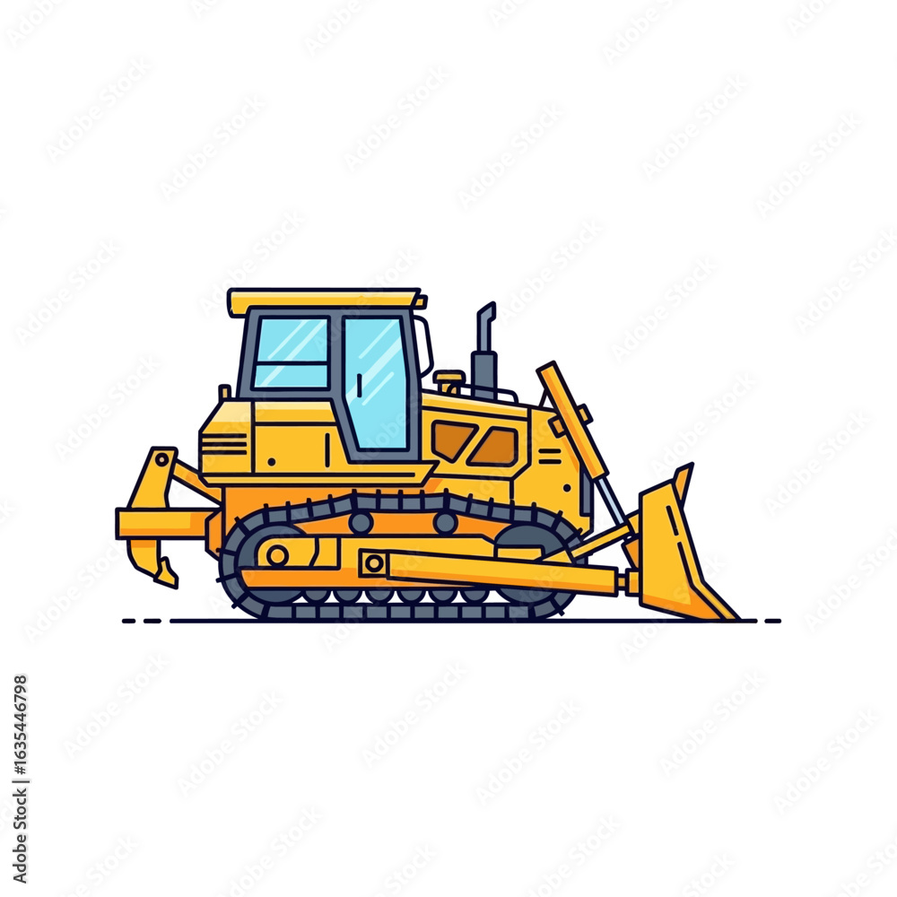 Naklejka premium A yellow bulldozer, a powerful heavy construction vehicle, is depicted as a clean vector illustration with an outline, isolated on a white background.