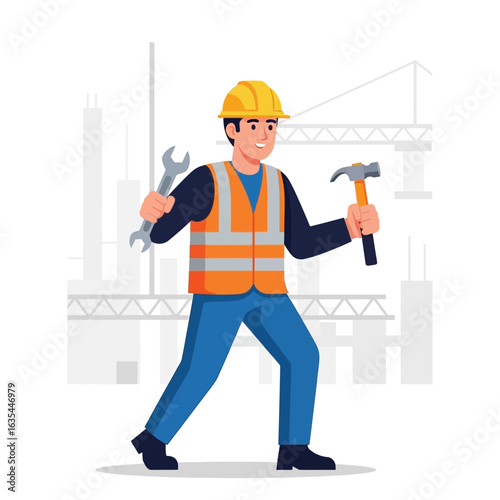 A construction worker, wearing a safety vest and helmet, confidently holds a wrench and hammer while standing in front of a building site, ready for work.