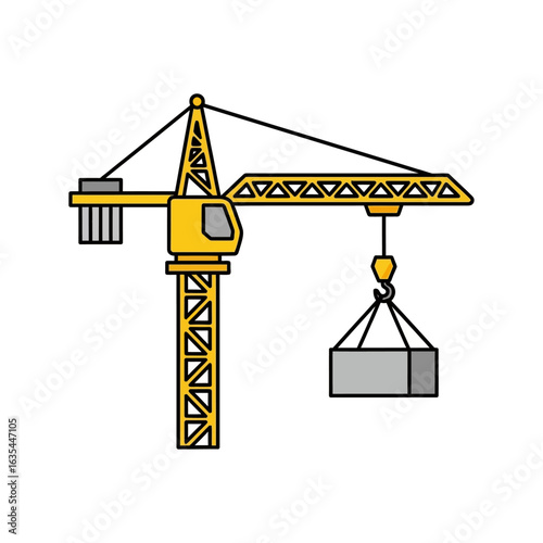 A yellow tower crane lifts a heavy concrete block at a construction site, symbolizing heavy industry and development.