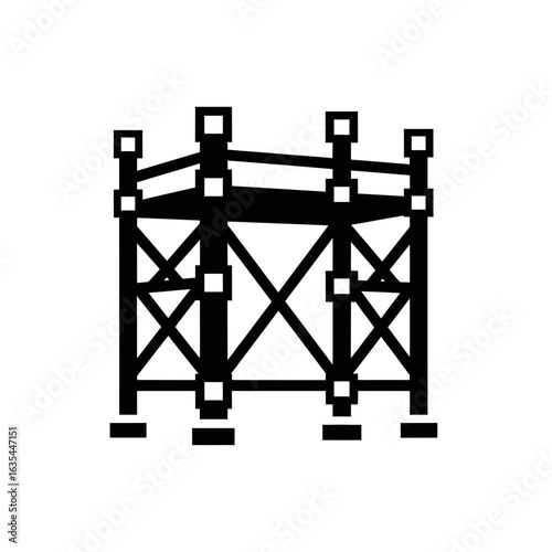 A minimalist black and white icon depicting a robust scaffolding structure, symbolizing construction, engineering, and temporary support for building projects.