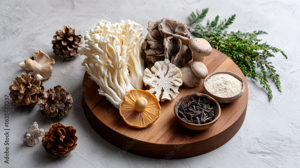 Fototapeta premium Assorted Mushroom Still Life on Wooden Board with Pinecone and Greenery
