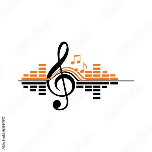 A modern and professional logo with a melodic theme, combining the treble clef with sound waves and musical notes. It uses a contrasting black and orange color palette for a dynamic and vibrant look.
