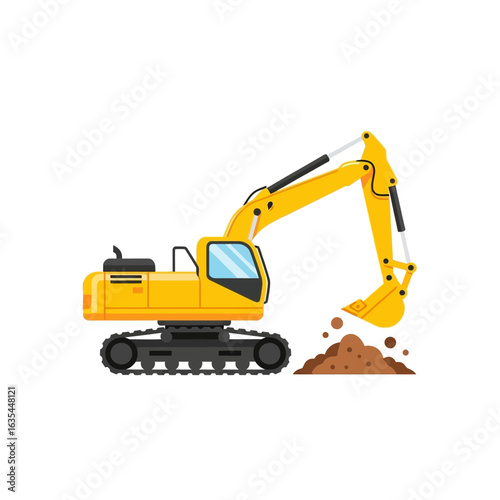 A yellow excavator digs a pile of dirt, shown in a simple, side-view illustration against a clean white background, ideal for construction or engineering projects.