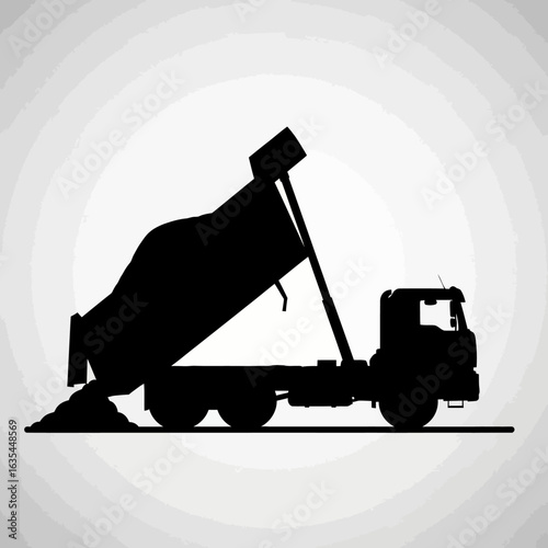 Silhouette of a dump truck unloading cargo, showcasing industrial transportation and construction in a vector format against a simple, clean white background.