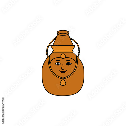 Illustration of a decorated pot with a face and a rope handle on transparent background
